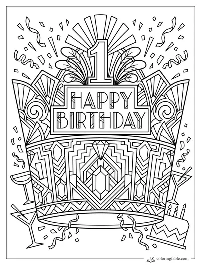 Art deco happy first birthday sign with number 1, fans, confetti, cake, cocktails, and geometric patterns