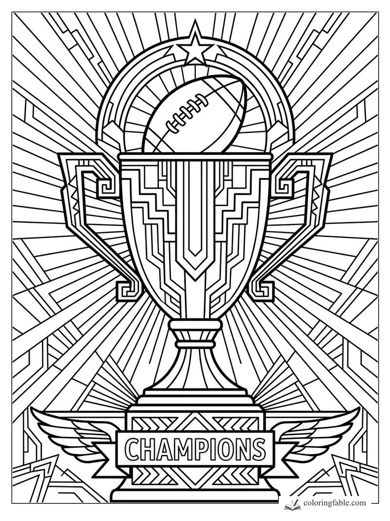 Intricate art deco football trophy with star, rays, winged base, and Champions banner