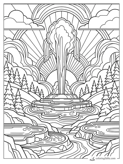 Art deco geyser erupting among pine trees, terraced hot springs, sun rays, and rounded clouds