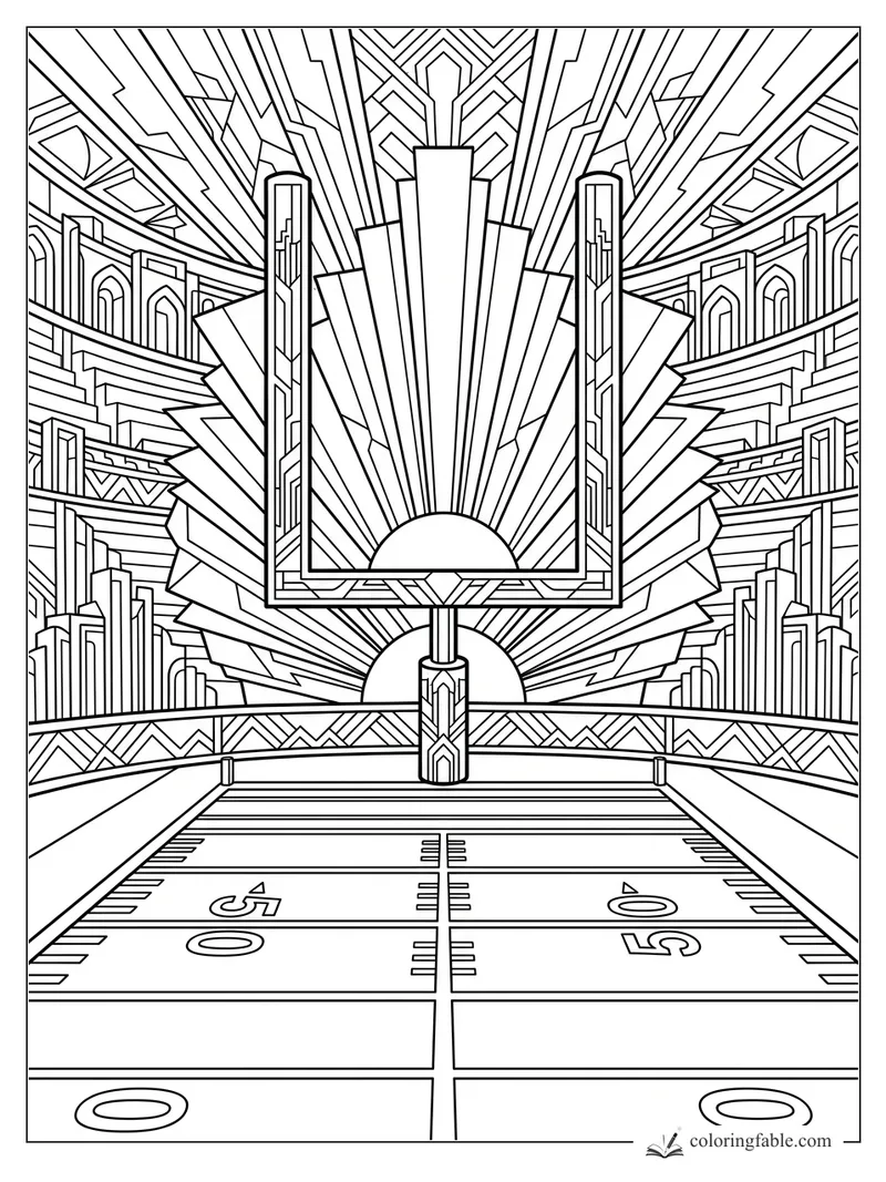 Intricate art deco football field with goalpost, 50-yard line, sunburst panels, and tiered stadium architecture