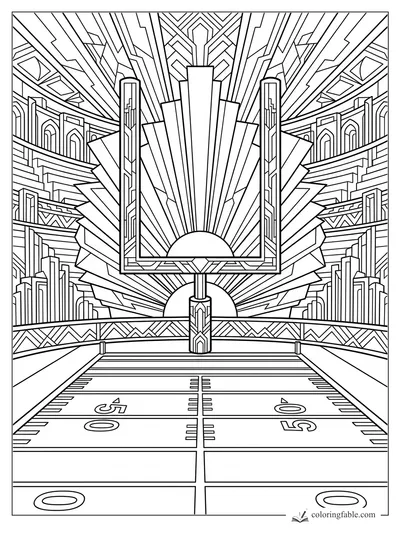Intricate art deco football field with goalpost, 50-yard line, sunburst panels, and tiered stadium architecture
