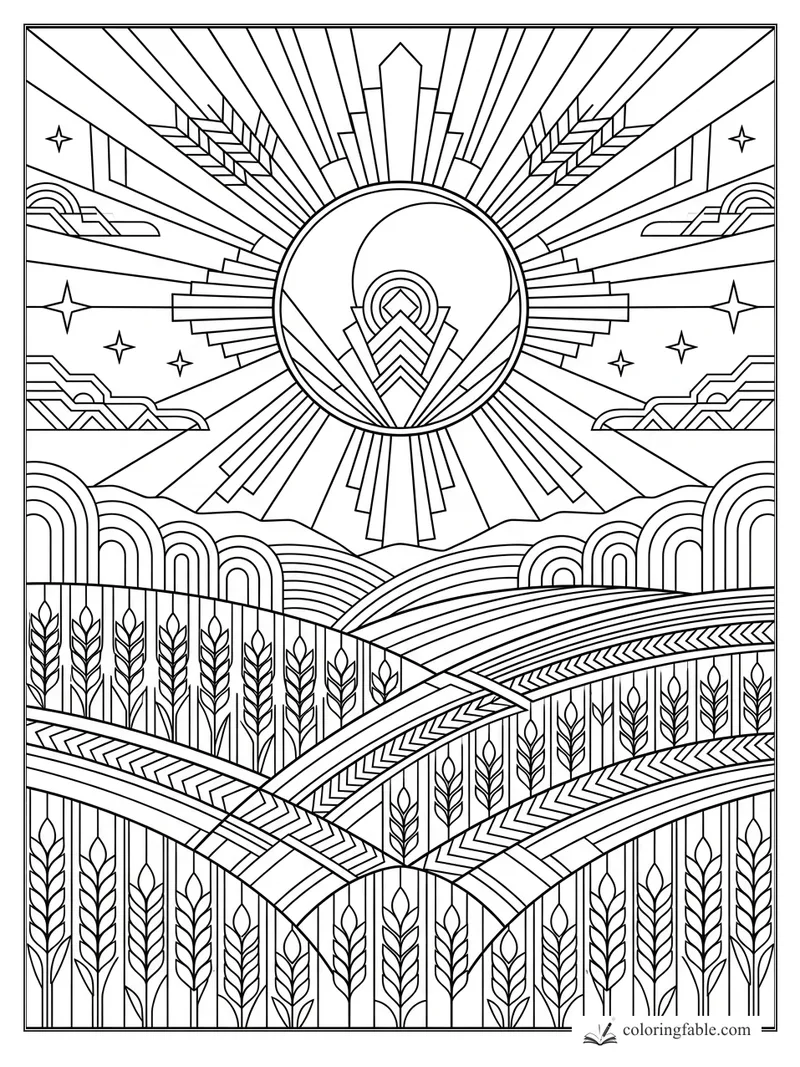 Intricate art deco fall landscape with sunrise rays, wheat rows, rolling fields, stars, and geometric clouds