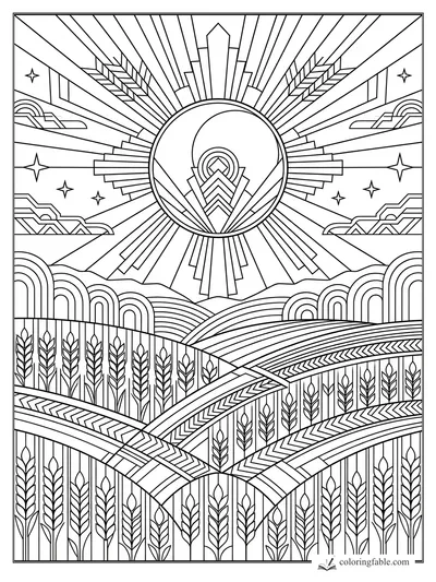 Intricate art deco fall landscape with sunrise rays, wheat rows, rolling fields, stars, and geometric clouds