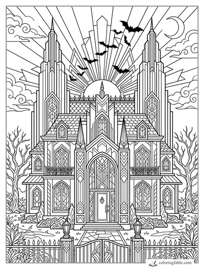 Intricate art deco haunted house with tall towers, crescent moon, bats, bare trees, and front gate.