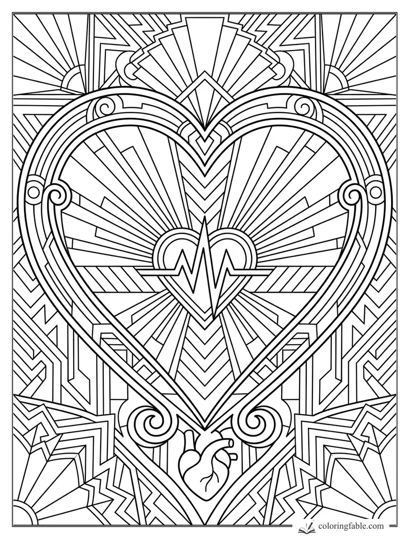 Intricate art deco heart coloring page with sunbursts, scrolls, geometric rays, and a small anatomical heart.