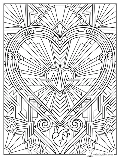Intricate art deco heart coloring page with sunbursts, scrolls, geometric rays, and a small anatomical heart.