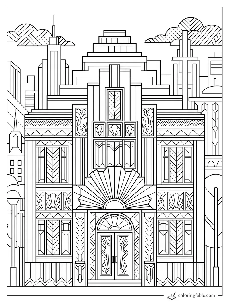 Art Deco house coloring page with sunburst doorway, geometric windows, city towers, and striped clouds