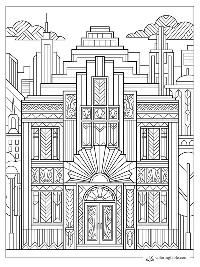 Art Deco house coloring page with sunburst doorway, geometric windows, city towers, and striped clouds