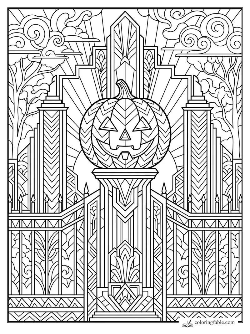 Intricate art deco jack-o’-lantern over a geometric palace gate with swirled clouds and tall patterned columns.