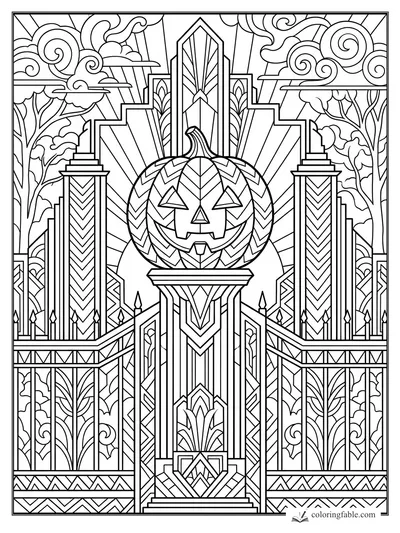Intricate art deco jack-o’-lantern over a geometric palace gate with swirled clouds and tall patterned columns.