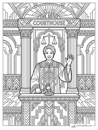 Art deco judge waving behind a bench with gavel, scales, columns, and Civic Justice courthouse sign