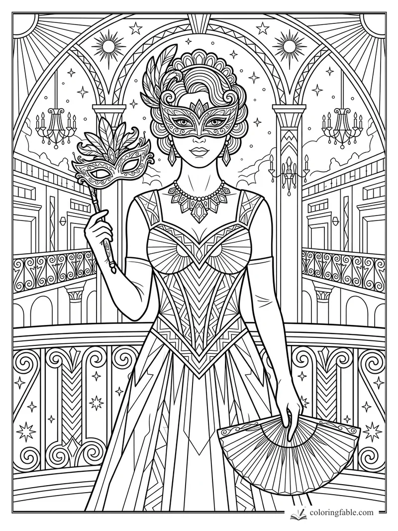 Art deco princess in a jeweled mask holding a feathered mask and fan on a grand ballroom balcony