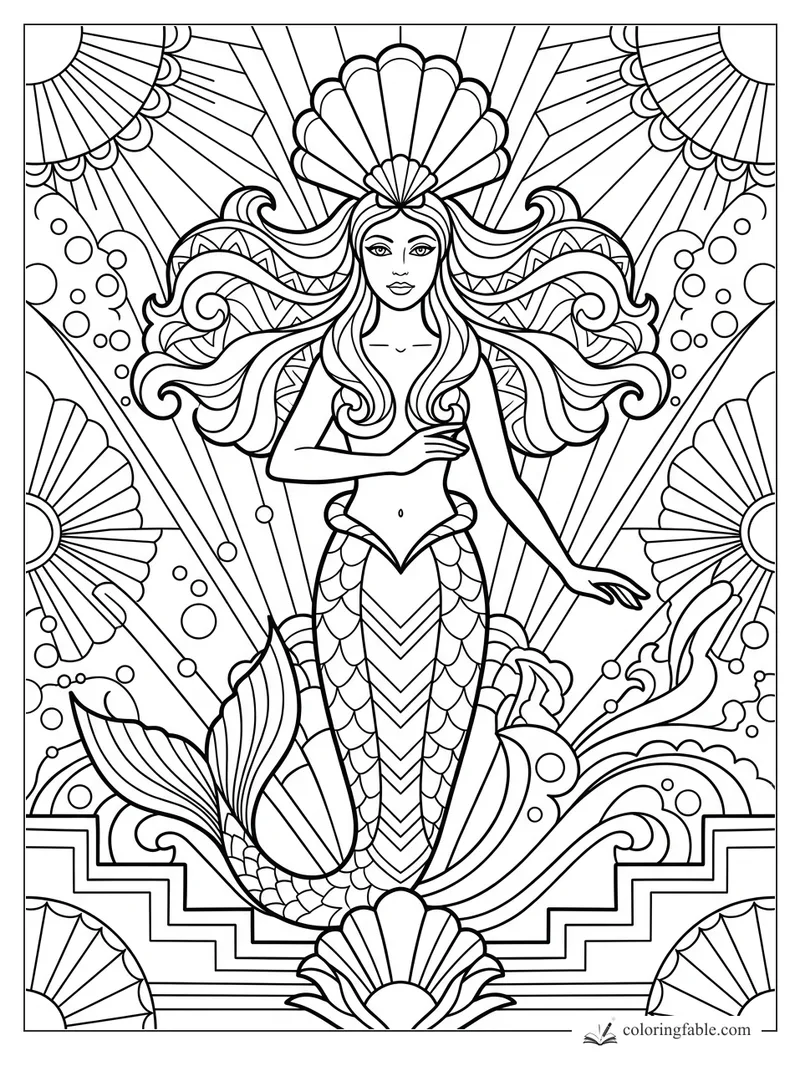 Art deco mermaid with shell crown, flowing hair, fan shells, bubbles, waves, and stepped geometric border