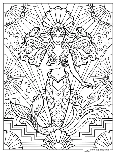 Art deco mermaid with shell crown, flowing hair, fan shells, bubbles, waves, and stepped geometric border