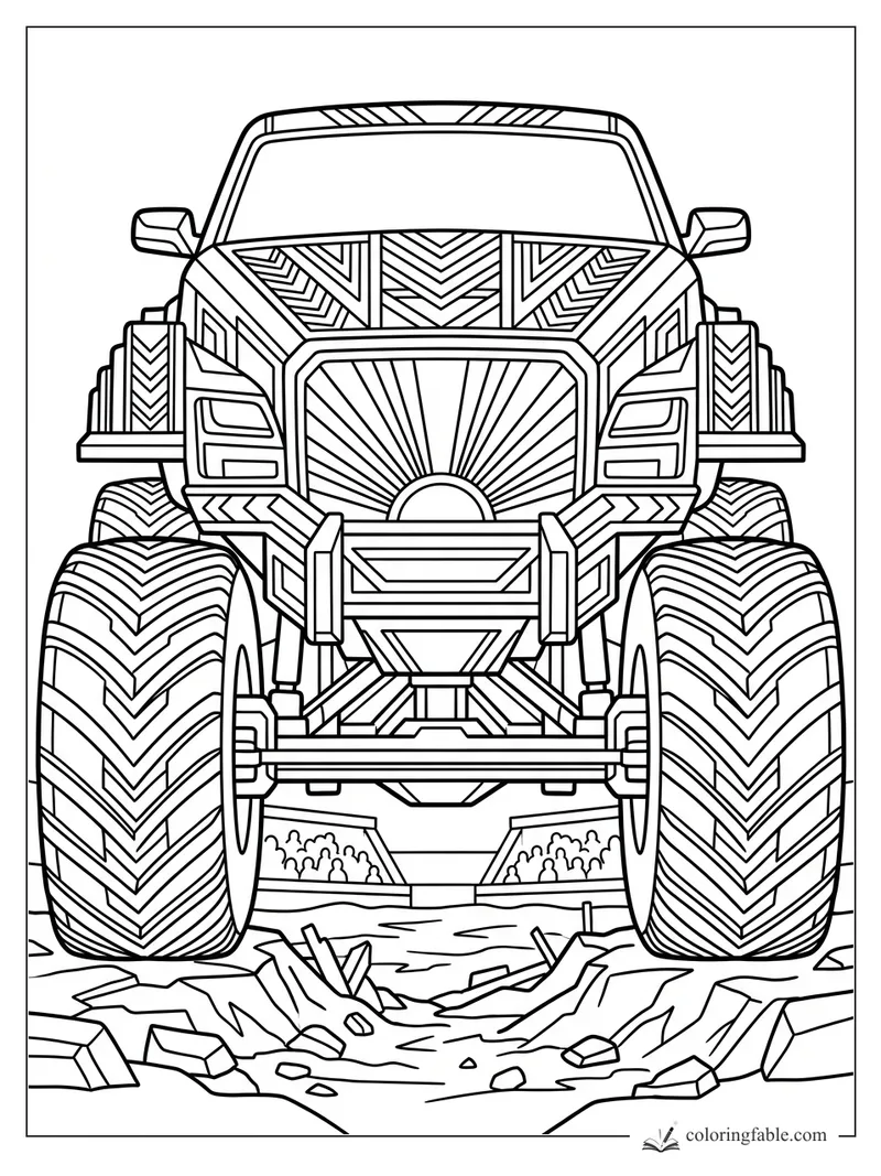 Art deco monster truck with giant chevron tires, sunburst grille, patterned hood, and cracked rocks below.