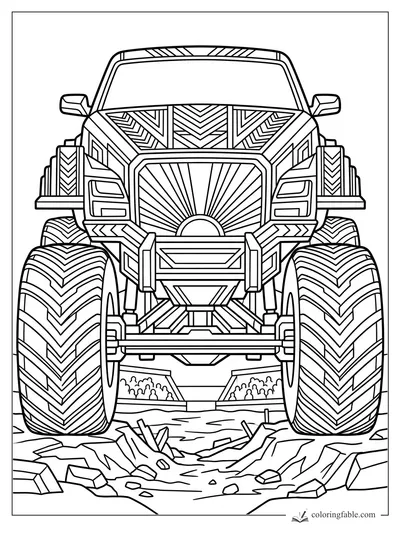 Art deco monster truck with giant chevron tires, sunburst grille, patterned hood, and cracked rocks below.