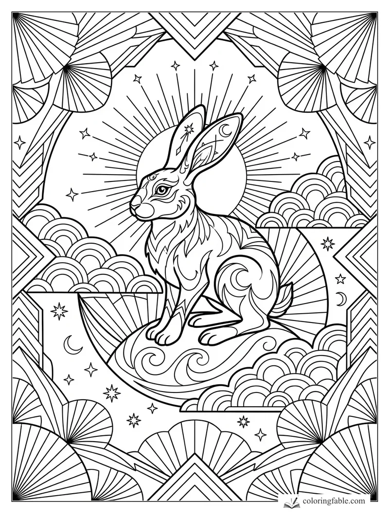 Intricate art deco rabbit on a swirling pedestal with sunburst, stars, crescent moons, and fan borders