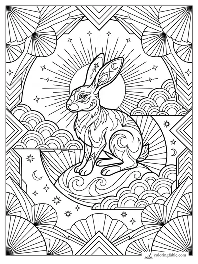 Intricate art deco rabbit on a swirling pedestal with sunburst, stars, crescent moons, and fan borders