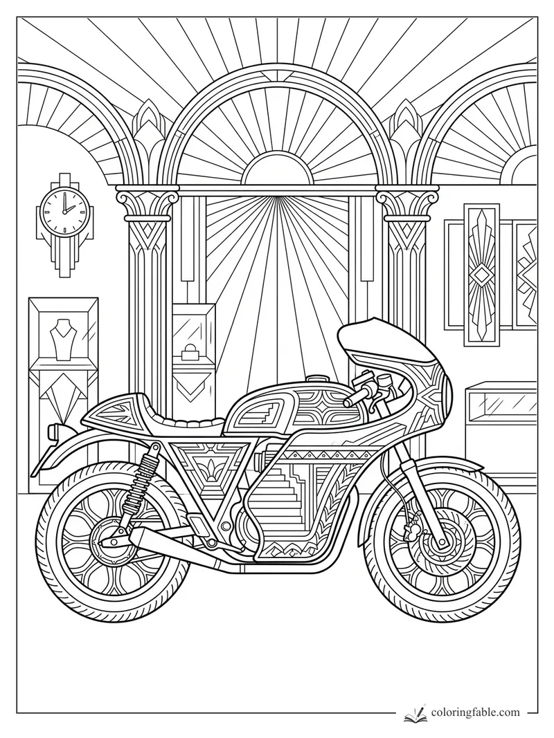 Intricate art deco motorcycle in a showroom with sunburst arches, columns, clocks, and framed geometric art