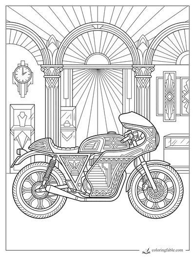 Intricate art deco motorcycle in a showroom with sunburst arches, columns, clocks, and framed geometric art