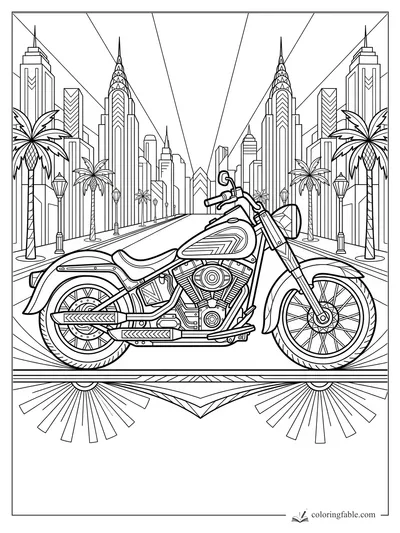 Intricate art deco motorcycle before skyscrapers, palms, streetlamps, and radiating city lines.