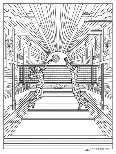 Intricate art deco volleyball scene with two players leaping at the net beneath a sunburst city skyline.