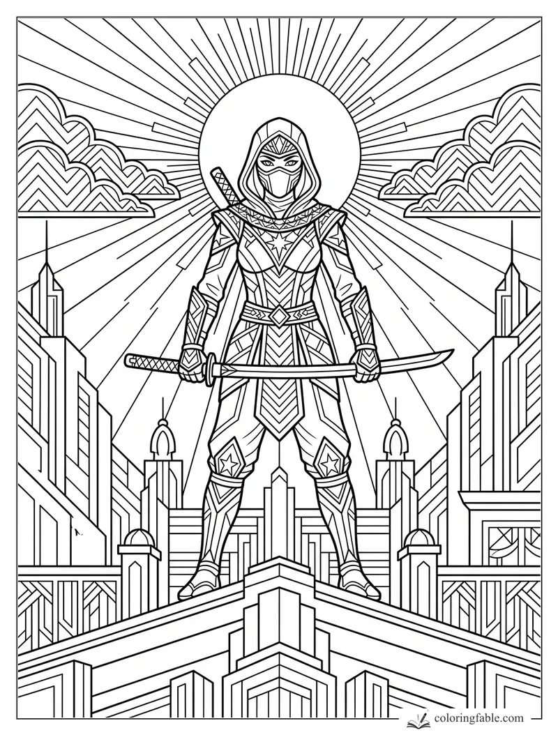 Art deco ninja holding a katana on a rooftop, framed by sunburst rays, clouds, and geometric city towers.