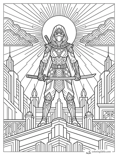 Art deco ninja holding a katana on a rooftop, framed by sunburst rays, clouds, and geometric city towers.