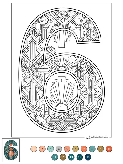Art Deco Number 6 with Gears and Sunbursts — color by number