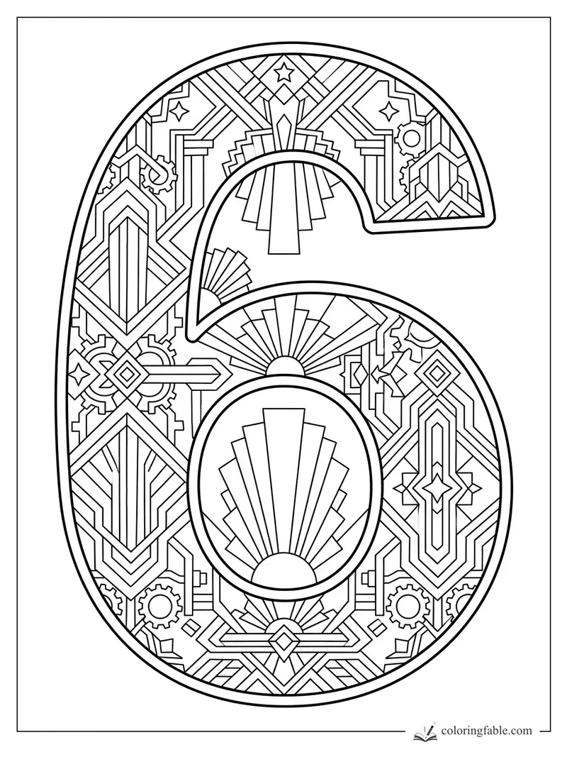 Art deco number 6 coloring page with gears, stars, fan shapes, and geometric line patterns