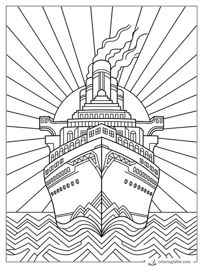 Art deco ocean liner bow with sunburst rays, smoke stacks, arched decks, and zigzag waves