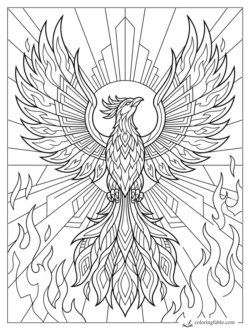 Intricate art deco phoenix with spread flaming wings, sunburst halo, geometric rays, and curling flames