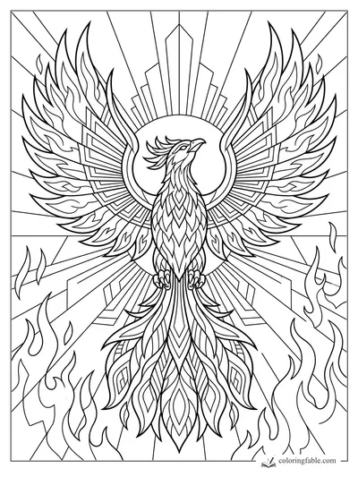 Intricate art deco phoenix with spread flaming wings, sunburst halo, geometric rays, and curling flames