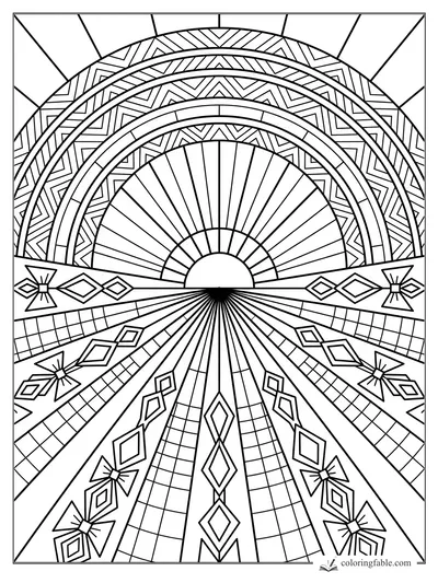 Intricate art deco sunburst with preppy bows, diamond motifs, plaid rays, and layered geometric arches.