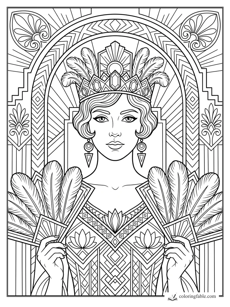 Art Deco princess holding feather fans, with jeweled crown, drop earrings, and geometric arch