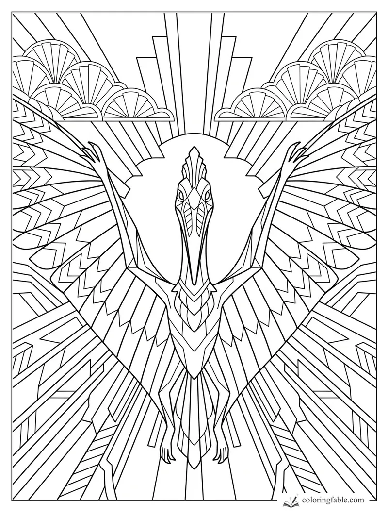 Intricate art deco pterosaur with spread wings, clawed hands, fan motifs, and geometric sunburst lines.