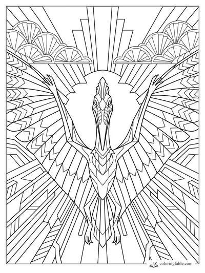 Intricate art deco pterosaur with spread wings, clawed hands, fan motifs, and geometric sunburst lines.
