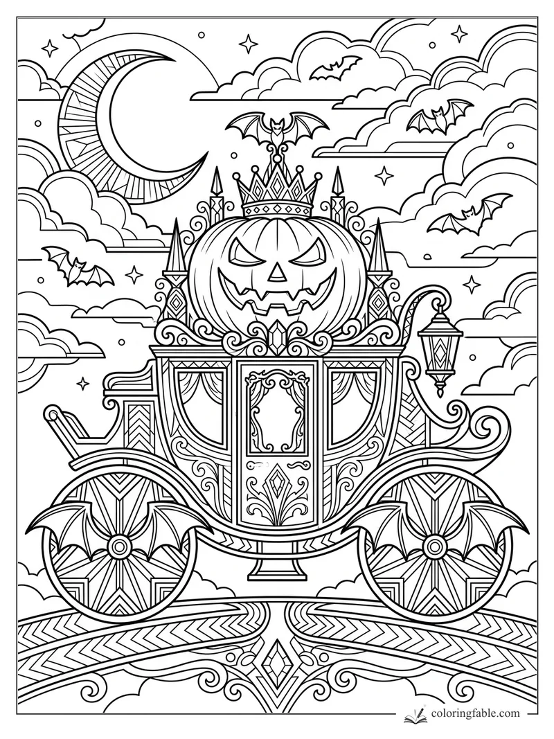 Intricate Halloween coloring page of a pumpkin carriage, crescent moon, bats, clouds, and ornate wheels.