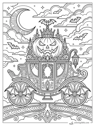 Intricate Halloween coloring page of a pumpkin carriage, crescent moon, bats, clouds, and ornate wheels.