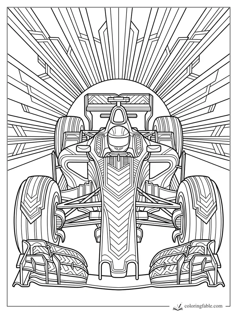 Intricate art deco race car with driver, wide tires, front wings, and radiating city skyline lines.
