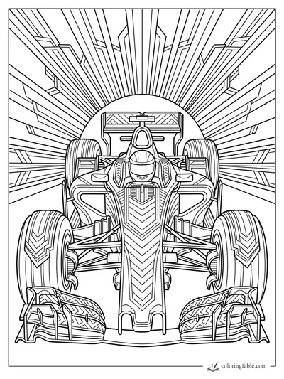 Intricate art deco race car with driver, wide tires, front wings, and radiating city skyline lines.