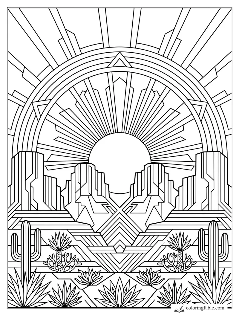 Intricate art deco rainbow with sunburst, geometric city, cacti, and desert plants