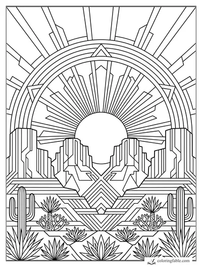 Intricate art deco rainbow with sunburst, geometric city, cacti, and desert plants