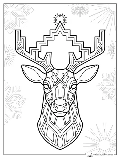 Intricate art deco reindeer head with geometric antlers, star topper, and snowflakes