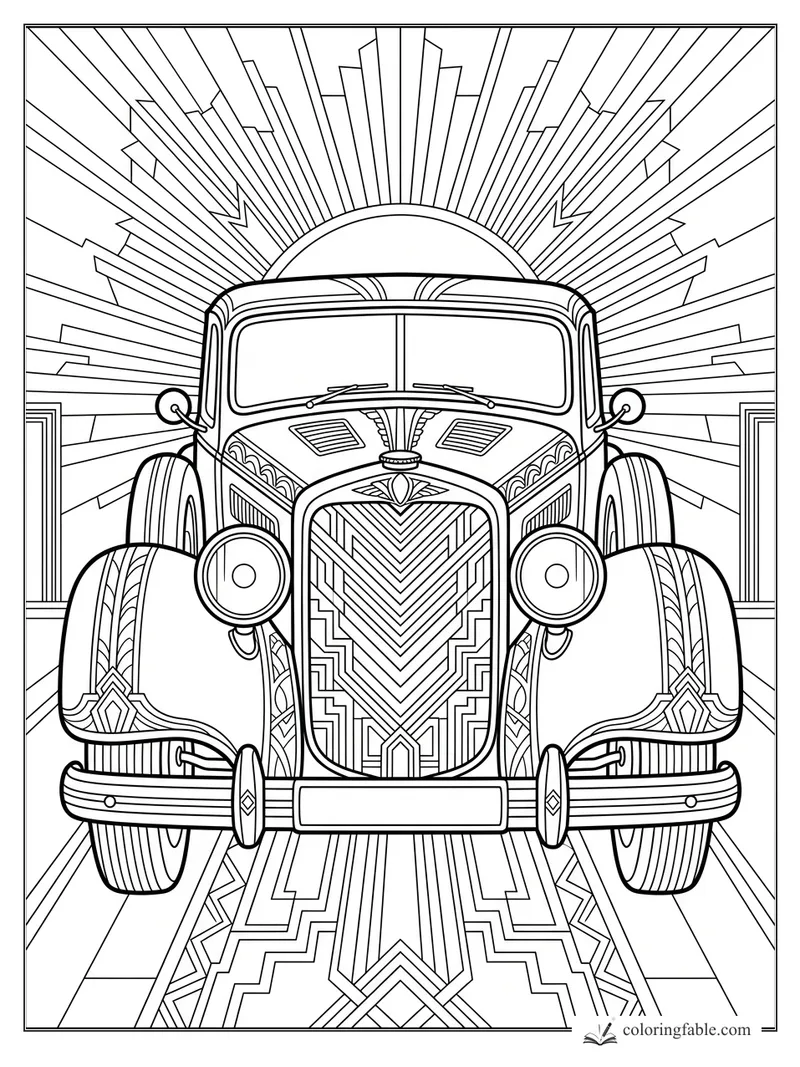 Intricate art deco roadster with round headlights, patterned grille, and dramatic sunburst backdrop