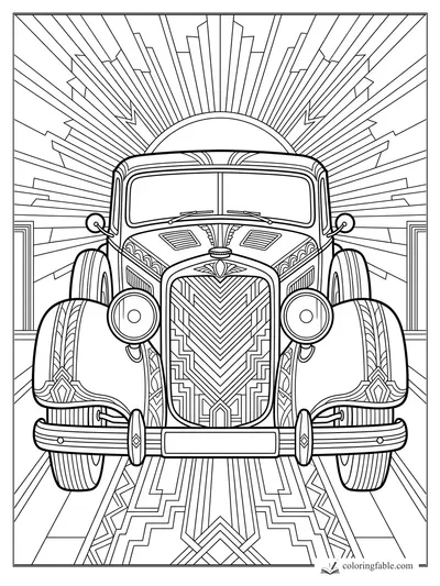 Intricate art deco roadster with round headlights, patterned grille, and dramatic sunburst backdrop