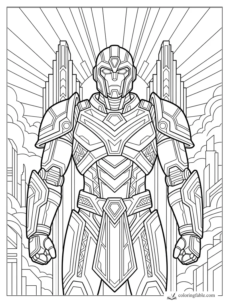 Art Deco robot guardian with geometric armor, skyscrapers, clouds, and sunburst rays
