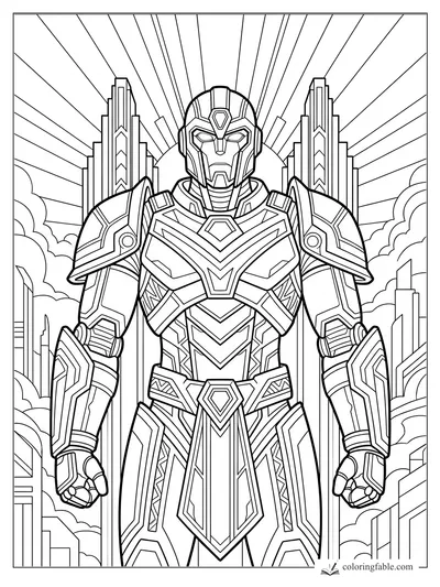 Art Deco robot guardian with geometric armor, skyscrapers, clouds, and sunburst rays