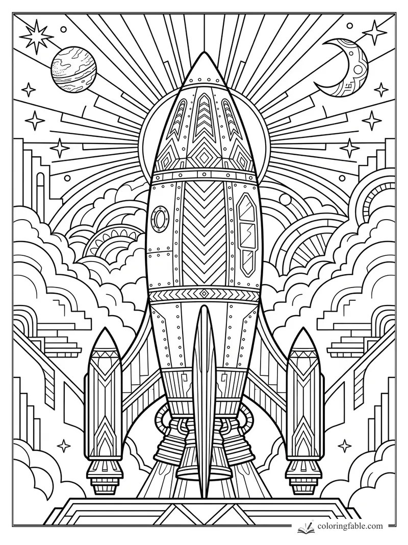 Intricate art deco rocket with twin boosters, sunburst rays, planets, moon, stars, and layered clouds