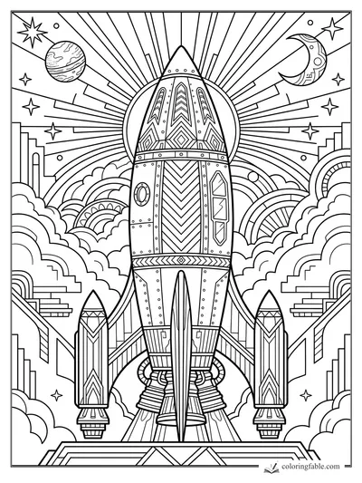 Intricate art deco rocket with twin boosters, sunburst rays, planets, moon, stars, and layered clouds